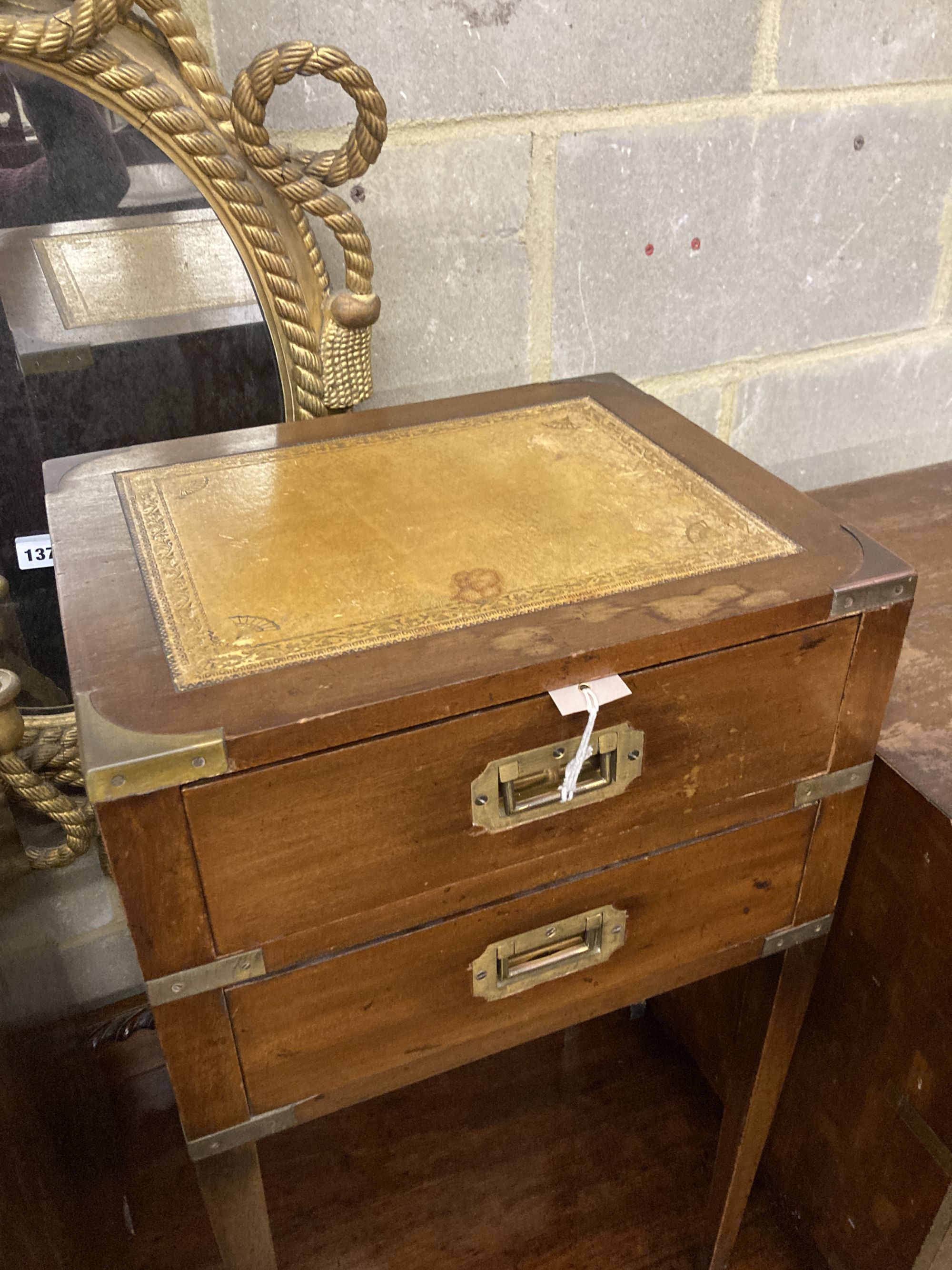 Three military style mahogany two drawer bedside chests, larger width 40cm, depth 46cm, height 56cm